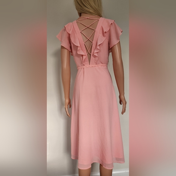 NEW LOOK SOFT PINK RUFFLES CRISS CROSS OPEN BACK WRAP STYLE MIDI DRESS US.6 NWOT - Picture 11 of 13